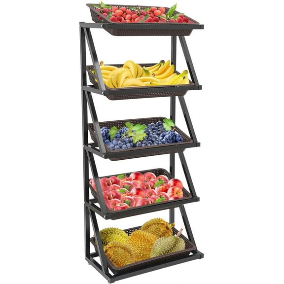 5 Tier Retail Display Rack for Supermarket, Fruit and Vegetable Basket Stand Rack for Kitchen Office Convenience Store, Pantry Shelf Unit for Snacks, Coffee