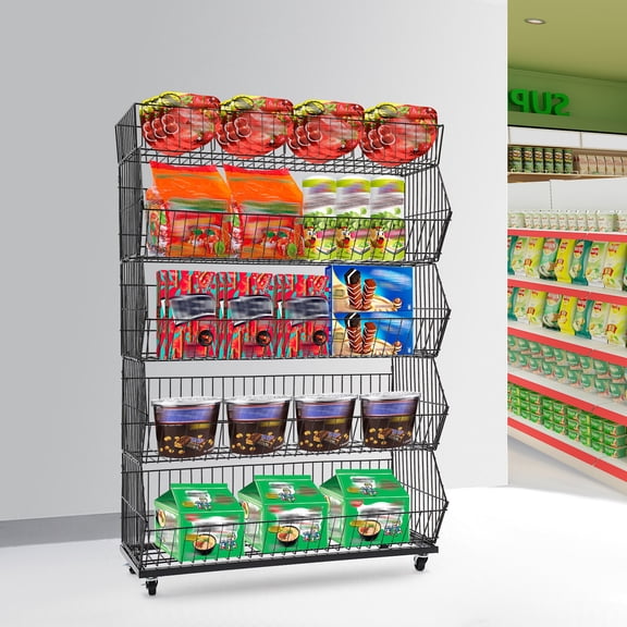 5 Tier Retail Display Shelves, Market Shelf, Stand Shelf with Wheels Fruit Vegetable Snack Basket, Snack Candy Potato Chip Display Rack Stand Retail Display Rack for Home/Supermarket/Office