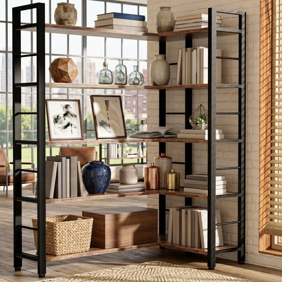 5-Tier Reversible L-Shaped Bookshelf with LED Lights, Rustic Brown Industrial Corner Bookcase, Display Rack for Home Office
