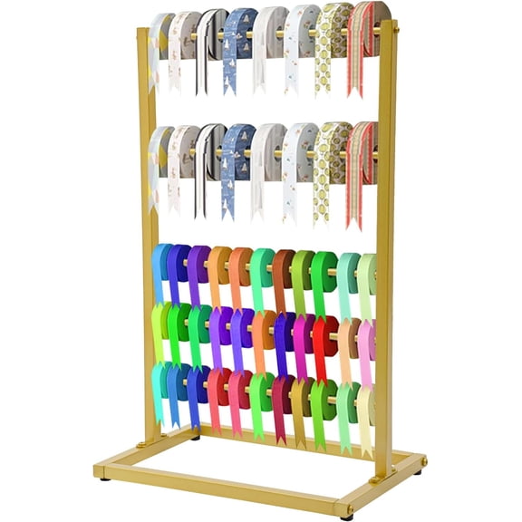 5 Tier Ribbon Holder Organizer Rack Ribbon Holder Freestanding Multifunctional Rack Ribbon Storage Metal Large Capacity Ribbon Stand for Craft Room, Cake Shop, Flower Store, Gold