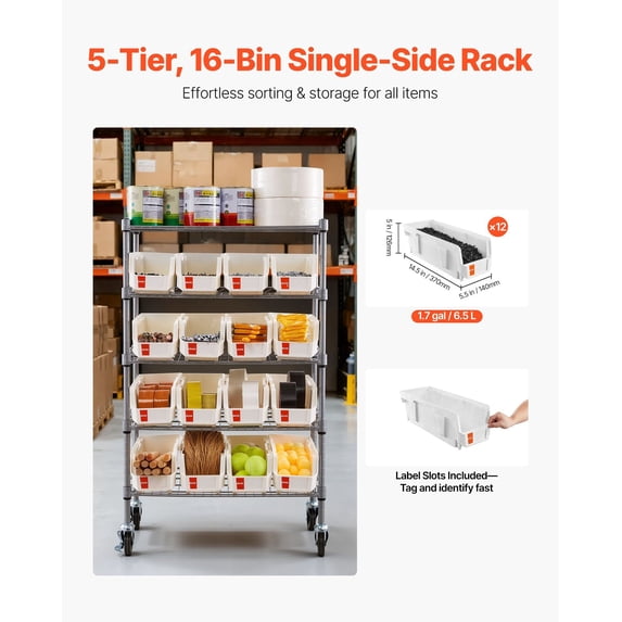 5-Tier Rolling Bin Storage Rack,16 Organizer Bins,Bin Rack Storage ...
