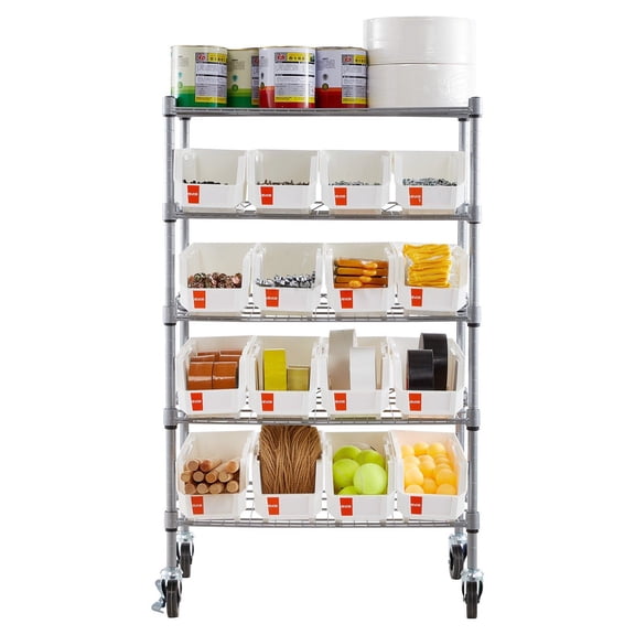 5 Tier Rolling Bin Storage Rack with 16 Organizer Bins Mobile Steel Wire Shelving System for Garage Warehouse Office Restaurant Classroom Kitchen
