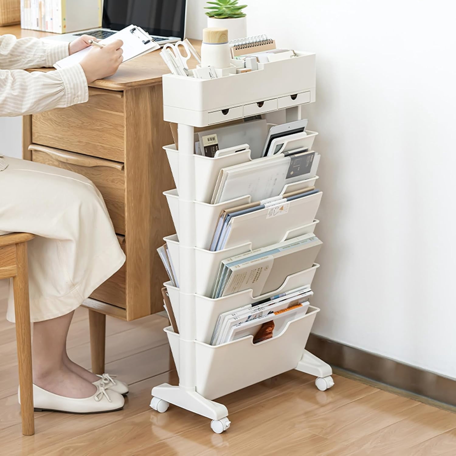 5 Tier Rolling Book Cart Multi-Functional Movable Storage Bookshelves ...