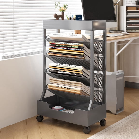 5-Tier Rolling Book Cart with Locking Wheels, Metal Mesh File Organizer for Office, Home, Classroom - 27.95 Inch