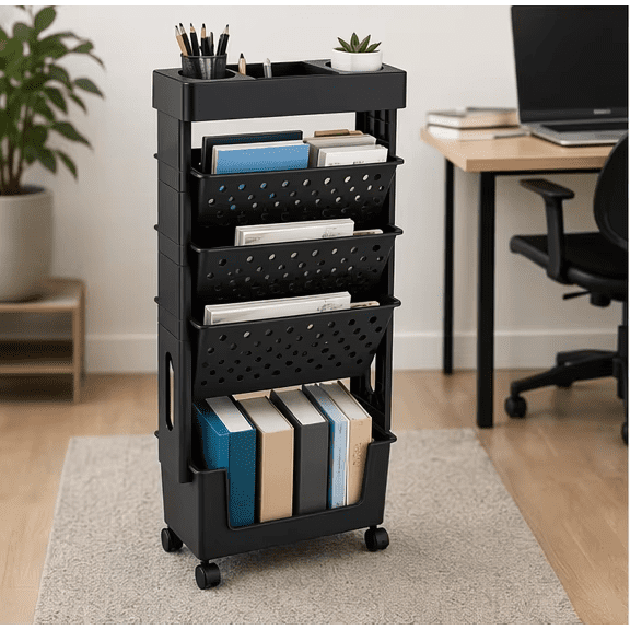 5-Tier Rolling Bookshelf Cart, Slim Storage Rack on Wheels for Student Desk, Home Office, Small Space