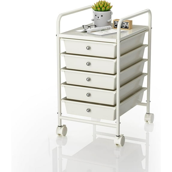 5-Tier Rolling Cart with 5 Drawers, Rolling Utility Cart with 2 Lockable Caster Wheels, Multipurpose Mobile Rolling Storage Drawer Cart for Office Bathroom Kitchen, Ivory White