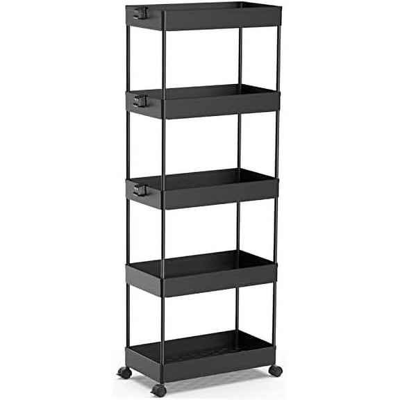 5-Tier Rolling Cart, Bathroom Storage Organizer Utility Cart, Mobile Shelving Unit Slide Out Shelves for Kitchen Living Room Laundry Room & Dressers, Black