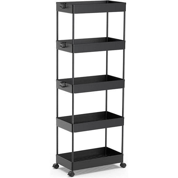 5-Tier Rolling Cart, Bathroom Storage Organizer Utility Cart, Mobile Shelving Unit Slide Out Shelves for Kitchen Living Room Laundry Room & Dressers, Black