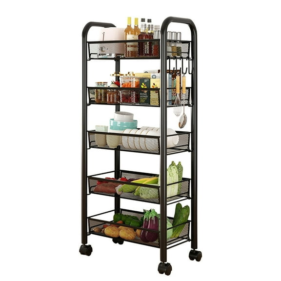 5-Tier Rolling Cart,Metal Utility Cart with 4 Hooks,Easy Assemble Mobile Storage Trolley On Wheels,Metal Shelving Units for Kitchen Bathroom Laundry Room Apartment Dorm