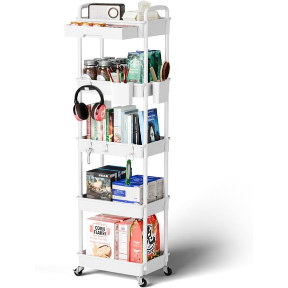 5 Tier Rolling Cart Organizer,Bathroom Cart Organizers with Wheels Laundry Room Organization Mobile Shelving Unit Utility Cart Storage Shelves Multi-Functional for Office, Home(White)