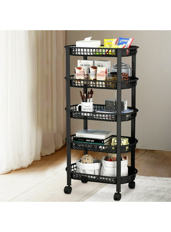 5 Tier Plastic Rolling Utility Cart with Wheels Mesh Storage Trolley, Multifunctional Storage Cart for Office, Living Room, Home, Bathroom, Kitchen, Removable Storage Organiser, Black