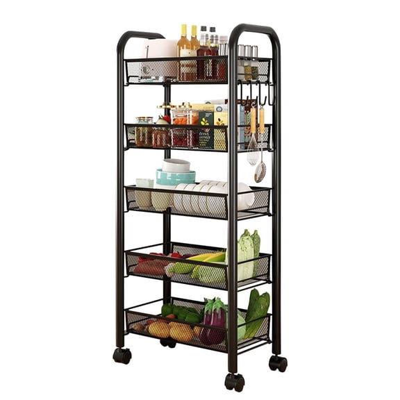 5 Tier Rolling Cart with Wheels,Metal Utility Cart for Kitchen Fruits Vegetables Snacks Bowl&Dishes,Black