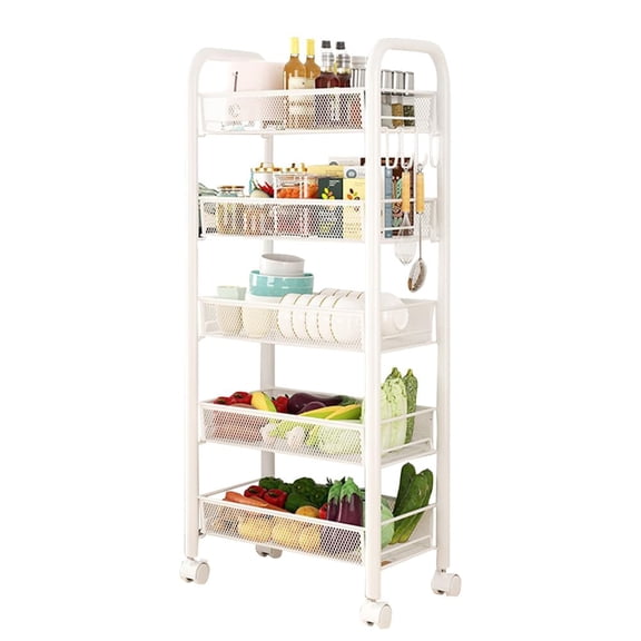 5 Tier Rolling Cart with Wheels,Metal Utility Cart for Kitchen Fruits Vegetables Snacks Bowl&Dishes,White