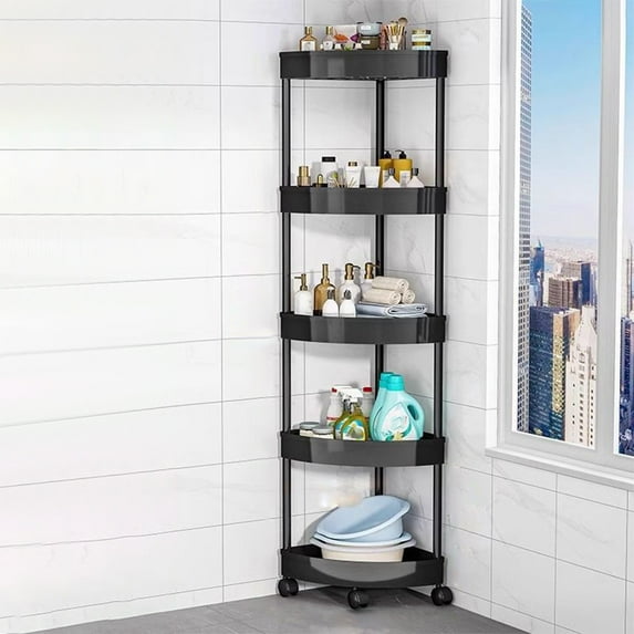 5-Tier Rolling Corner Shelf Cart with Wheels, Mobile Bathroom Kitchen Living Room Storage Organizer for Toiletries Snacks, White or Black