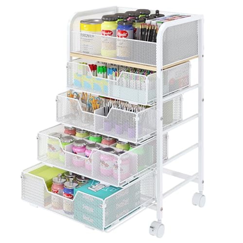 5-Tier Rolling Craft Cart with Lockable Wheels, Adjustable Drawers and DIY Dividers for Efficient Storage in Studio, Office or Bedroom - White Organizer Utility Cart