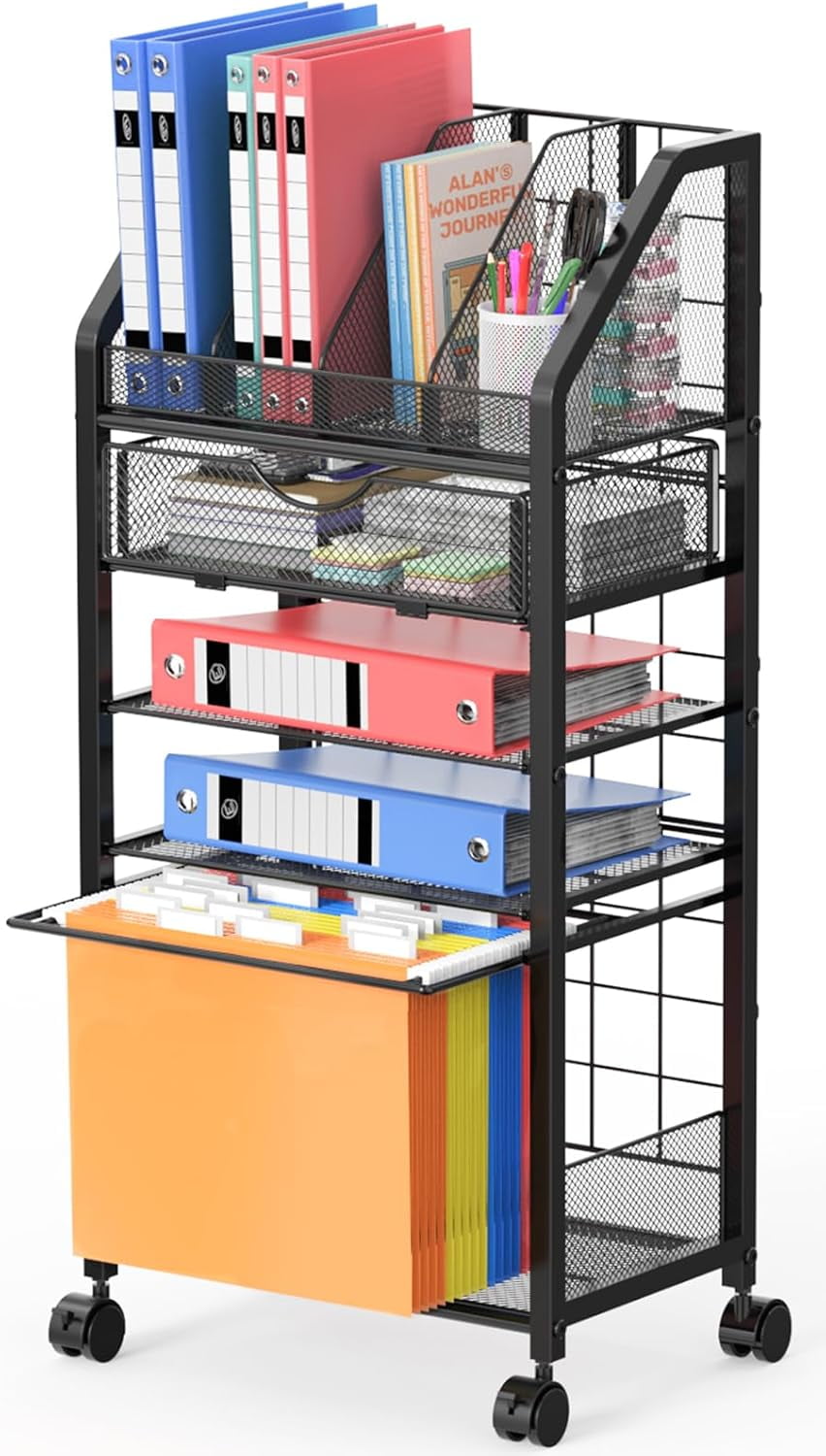 5 Tier Rolling File Cart with Drawer, Metal Office File Cart ...