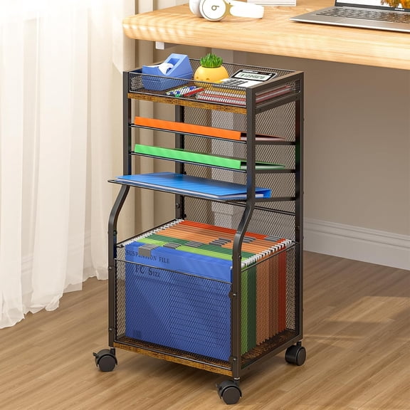 5-Tier Rolling File Cart with Lockable Wheels,Mobile Desk File Organizer Hanging File Folders Paper Letter Sliding Trays, Black Wood & Mesh Hanging Folder Drawer Organization for Office, Home, School