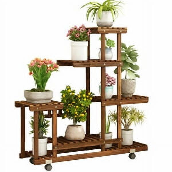 5Tier Rolling Flower Rack Wood Plant Stand Casters 10 Pots Bonsai