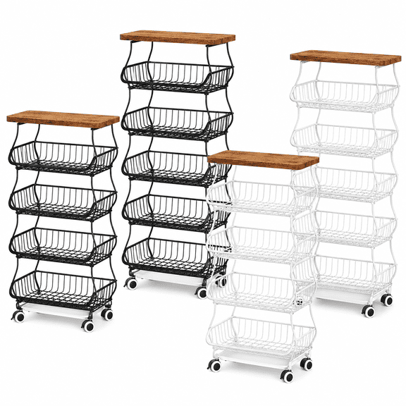 5-Tier Rolling Fruit Basket Cart with Wooden Top, White Metal Wire Pantry Organizer for Kitchen Vegetables Snacks Potatoes and Onions