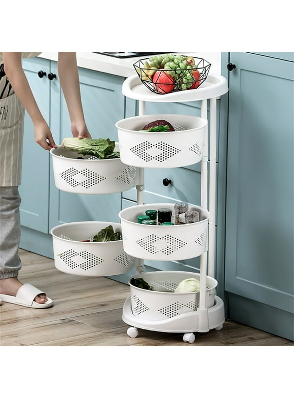 5-Tier Rolling Fruit and Vegetable Baskets Rack with Wheels, Height Adjustable Rotating Freestanding Kitchen Island and Cart for Kitchen Storage White