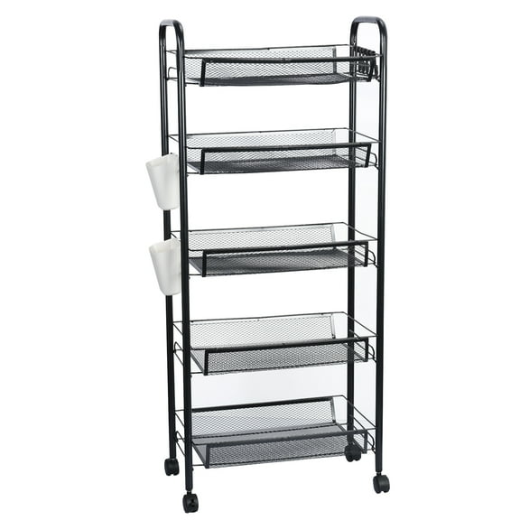 5-Tier Rolling Kitchen Cart with Baskets, Stackable Wire Storage Organizer, Movable for Pantry, Bathroom, Laundry, No Tools Assembly