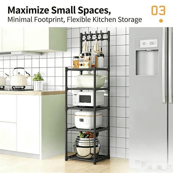 5-Tier Rolling Metal Kitchen Storage Rack with Side Hooks, Mobile Multi-layer Standing Shelving Unit, Space Saving Organizer for Microwave, Cookware, Pantry & Countertop Storage
