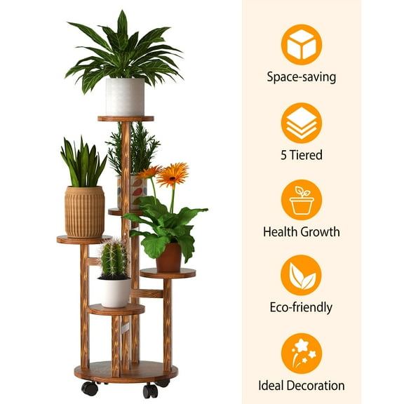 5-Tier Rolling Plant Stand with Detachable Wheels | Pine Wood Plant Display Rack for Indoors/Outdoors | Holds 5 Pots, 22 lbs per Tier | Includes Gardening Tools (Rake, Spades) | Dark Brown