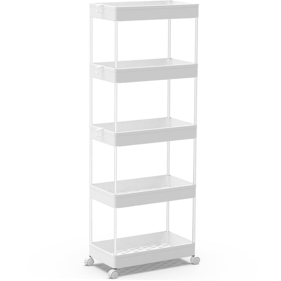 5-Tier Rolling Storage Cart, Narrow Utility Organizer on Wheels with Side Hooks, Mobile Shelving Unit for Bathroom Kitchen Laundry,White