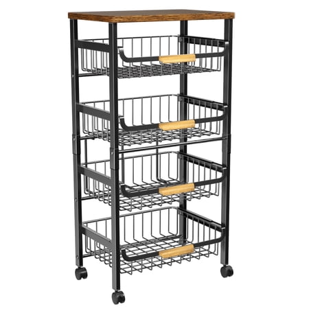 OKENTEN 5-Tier Movable Rolling Storage Cart with Wooden Tabletop and Mesh Baskets for Kitchen, Bathroom, Laundry Room