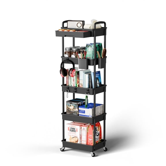 5 Tier Rolling Storage Cart with Drawer, Narrow Utility Organizer on Wheels for Bathroom Kitchen Office Laundry, Black