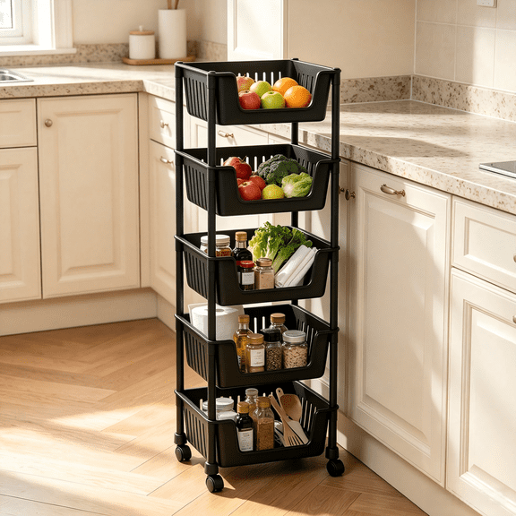 5-Tier Rolling Storage Shelving Unit, ABS Plastic Multi-Bin Utility Storage Rack With Wheels, Mobile Open Shelf Organizer For Kitchen, Bathroom, Bedroom & Office