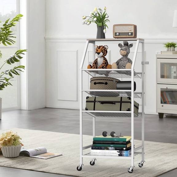 5-Tier Rolling Towel Rack Cart, White Metal & Wood Utility Cart with Angled Shelves for Bathroom, Kitchen, Living Room