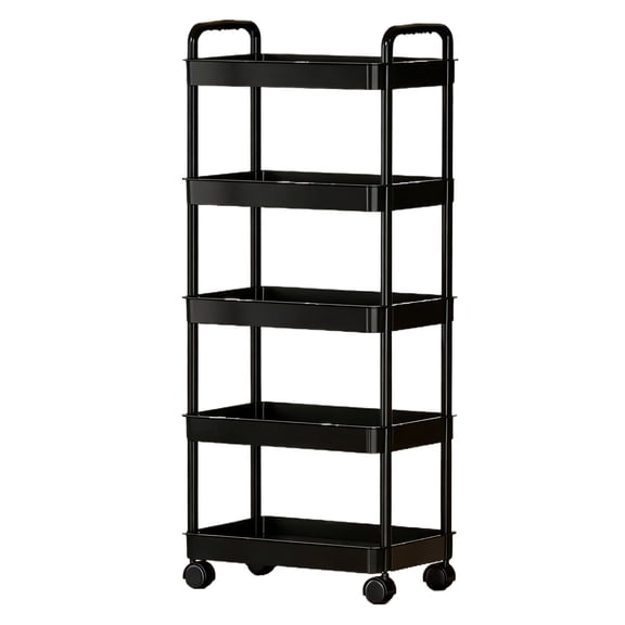 5 Tier Rolling Utility Cart, Mobile Storage Rack with Handle, Laundry Room Organization for Bathroom, Kitchen, Snack, Black