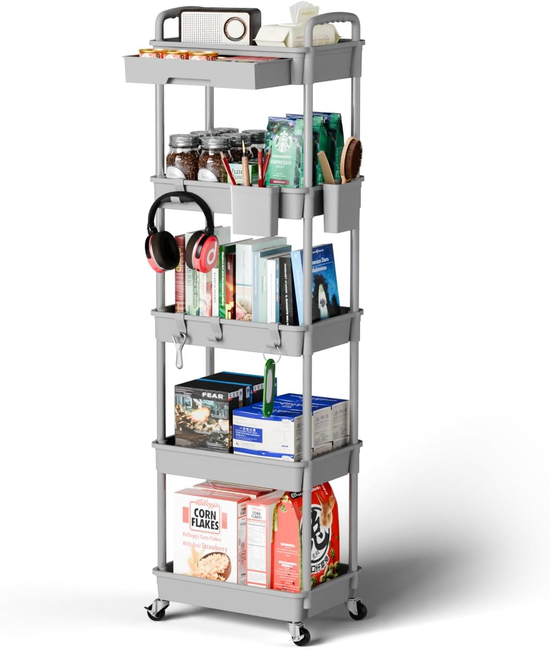 5 Tier Rolling Utility Cart, Mobile Storage Shelves with Wheels for Bathroom Laundry Office Home, Gray