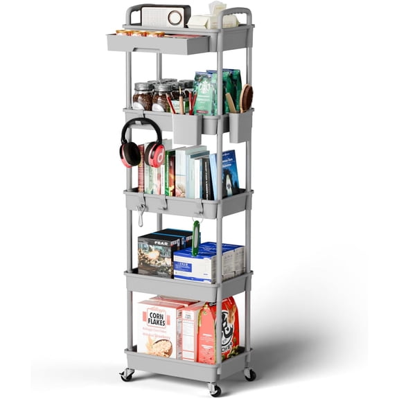 5 Tier Rolling Utility Cart, Mobile Storage Shelves with Wheels for Bathroom Laundry Office Home, Gray