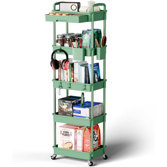 5 Tier Rolling Utility Cart, Mobile Storage Shelves with Wheels for Bathroom Laundry Office Home, Green