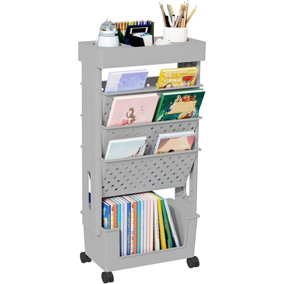 5 Tier Rolling Utility Cart Multi-Functional Movable Storage Book Shelves with Lockable Casters for Study Office Kitchen Classroom, Grey