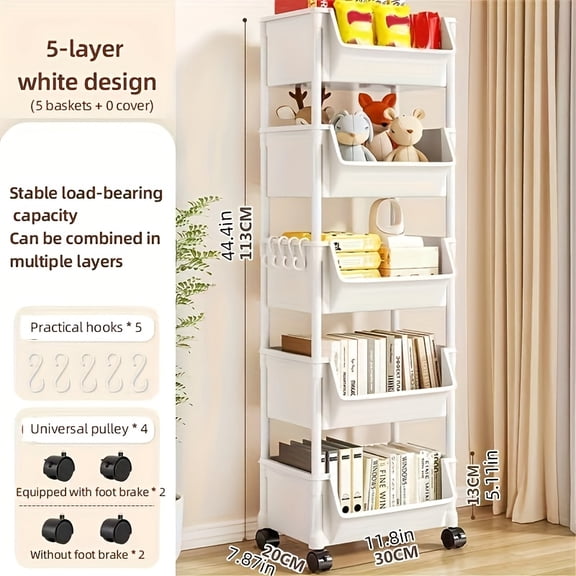 5-Tier Rolling Utility Cart Multifunctional Storage Organizer with Wheels,Storage Cart for Kitchen,Bathroom,Living Room,Office,White