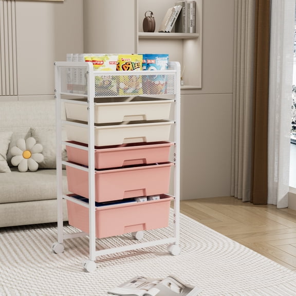 5-Tier Rolling Utility Cart with Diamond Mesh Top Drawer, Metal Storage Organizer Trolley with Wheels for Kitchen Bathroom Office, 5 Drawers