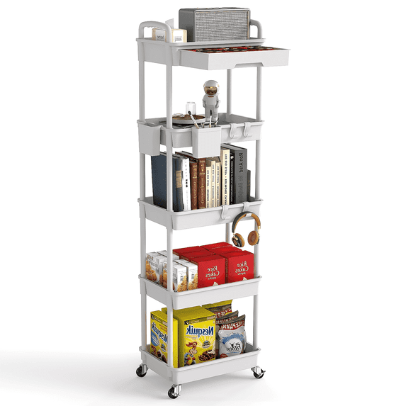 LLMRR 5 Tier Rolling Cart with Drawer, Utility cart with Handle, Bathroom Cart, Snack Cart, Storage Organizer with Lockable Wheels, Rolling Storage Cart for Kitchen, Bathroom, Office, Gray, 5 Tier