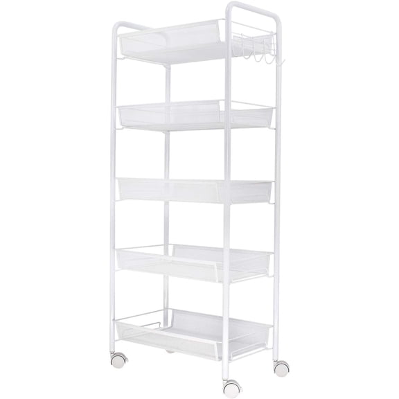 5-Tier Rolling Utility Storage Rack Cart on Wheels, Trolley Craft cart, Multi-Purpose Organizer Shelf, White
