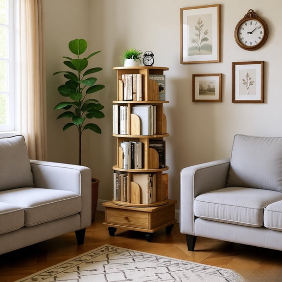 5 Tier Rotating Bookshelf 360 Degree Spinning Tower with Wheels and Drawer Space Saving Small Corner Display Shelf for Bedroom Living Room Home Office Apartment Entryway Modern Minimalist Wood Color