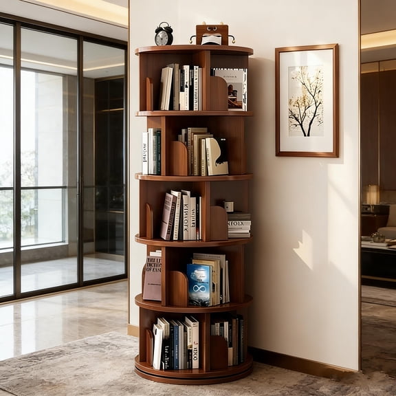5 Tier Rotating Bookshelf, 360 Display Round Spinning Bookshelf, Space-Saving, Small Space Rotating Bookshelf Tower for Bedroom, Living Room, Home, Office, Walnut