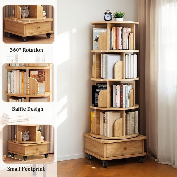 5 Tier Rotating Bookshelf, 360 Display Round Spinning Bookshelf with Wheels, Space-Saving, Small Space Rotating Bookshelf Tower for Bedroom, Living Room, Home, Office, Wood Color