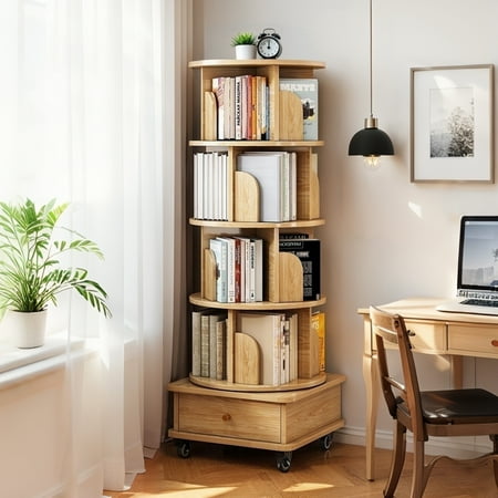 5 Tier Rotating Bookshelf, 360° Display Round Spinning Bookshelf with Wheels, Space-Saving, Small Space Rotating Bookshelf Tower for Bedroom, Living Room, Home, Office, Wood Color