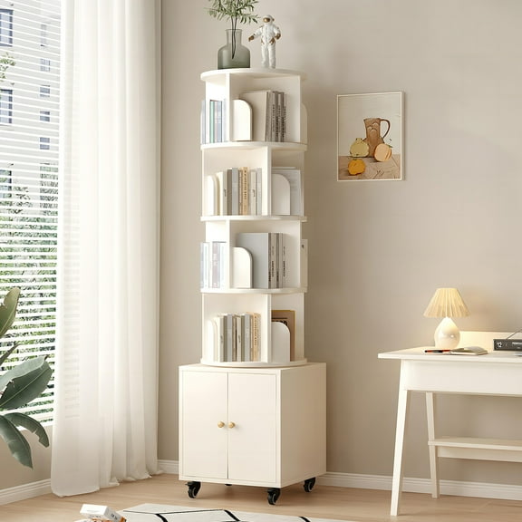 5 Tier Rotating Bookshelf, 360° Display Spinning Bookshelf Tower with Wheels and Drawer, Narrow Tall Storage Rack for Small Space, Bedroom, Living Room