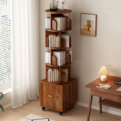 6 Tier Rotating Bookshelf, 360° Display Spinning Bookshelf Tower with Wheels and Drawer, Wood Tall Bookshelfs for Small Space, Corner Bookcase for Bedroom, Living Room, Study Room