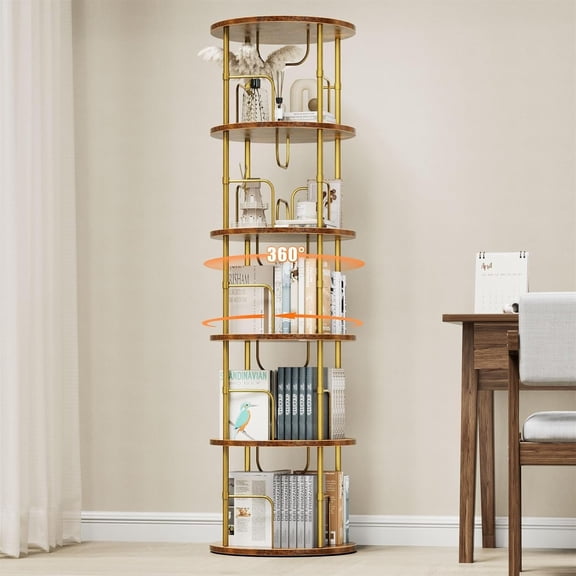 5 Tier Rotating Bookshelf, 360 ° Display Stackable Spinning Bookshelf Tower, Narrow Space Saving Tall Floor Standing Swivel Bookcase Corner Storage Organizer for Bedroom, Living Room, Gold