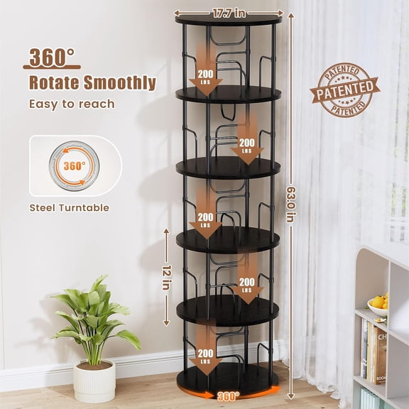 5 Tier Rotating Bookshelf, 360 Display Stackable Spinning Tower, Corner Storage Organizer for Bedroom Living Room Black