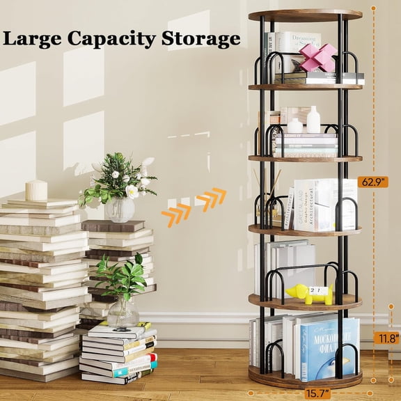 5-Tier Rotating Bookshelf, 360    Round Spinning Tower for Corner Storage